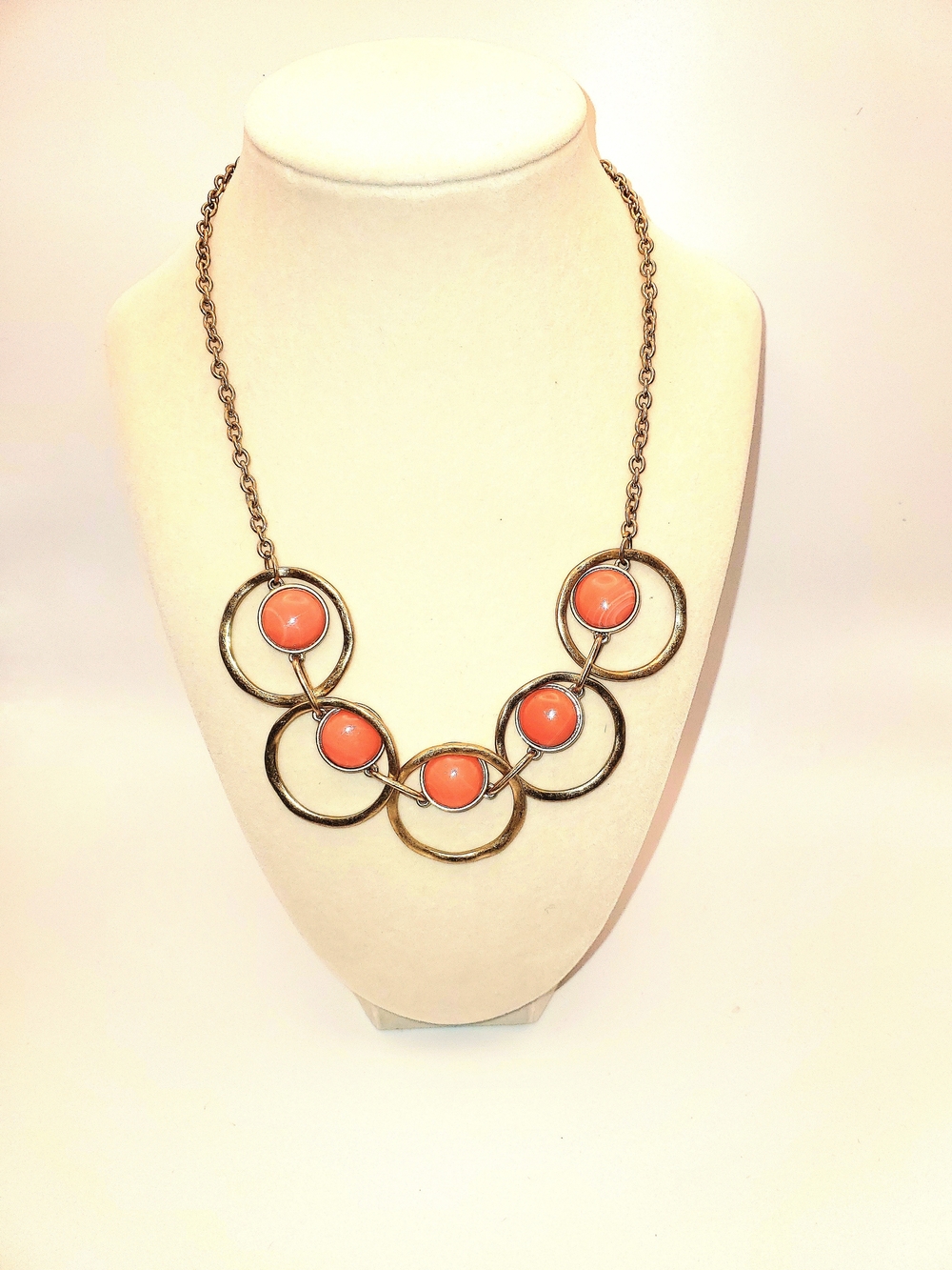 Vintage Gold-Tone Necklace with Coral Colored Cabochons